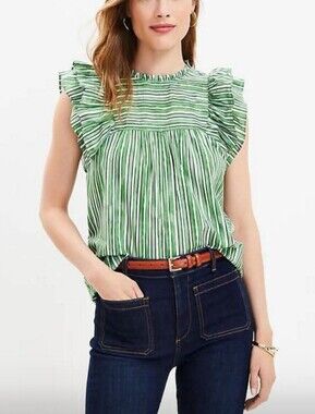Loft Green White Striped Lightweight Large Blouse